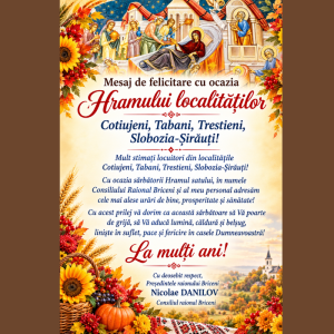 Mesaj de felicitare cu ocazia Hramului localității Cotiujeni, Tabani, Trestieni, Slobozia-Șirăuți!